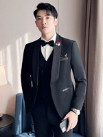 Setelan Slim Fit pria poliester Premium untuk acara Formal bisnis pakaian Formal hitam untuk Model pernikahan pakaian pria
