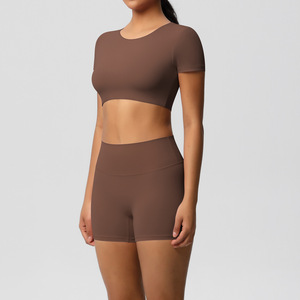 Ensemble de yoga de fitness de sport pour femmes costume deux pièces court de poitrine brossé double face pour courir couleur unie transfrontalière - Product Image 2