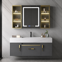 Meuble-lavabo mural gris moderne avec vasque et miroir LED, armoire de salle de bain avec rangement en verre pour projets hôteliers