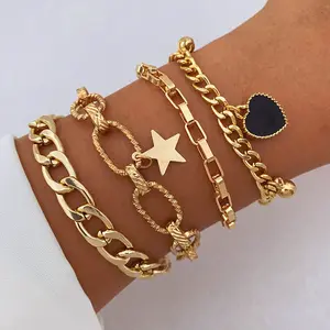 Punk Golden Metal Thick Chain Bangle for Women Men Pentagram Heart Beads Pendant Charm Bracelet Set Fashion Jewelry