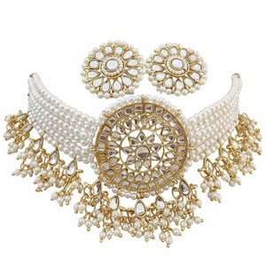Parure Collier Ras-de-cou et Boucles d'Oreilles Plaqué Or, Perles Blanches, Zircon, Kundan, Style Ethnique, pour Mariage, Fiançailles, Fête, Anniversaire, Haute Qualité - Product Image 2