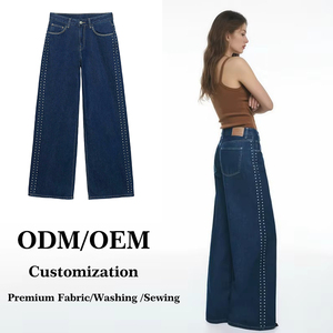 Jeans da donna alla <span class=keywords><strong>moda</strong></span> 2026 a <span class=keywords><strong>vita</strong></span> <span class=keywords><strong>bassa</strong></span>, larghi e casual, con borchie laterali, in denim blu scuro, a gamba larga, lavabili - Product Image 1