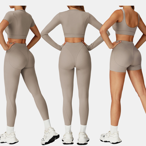 Ensemble de yoga complet pour femmes, ensemble de fitness cinq pièces, soutien-gorge ajustable, hauts courts, shorts taille haute, leggings de cheville, vêtements de sport - Product Image 5