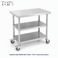 Table de travail commerciale en acier inoxydable poli à 3 niveaux sur roulettes pour extérieur
