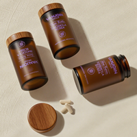 Bocal en verre ambré givré de 150 ml avec couvercle en bois pour suppléments de santé quotidiens Conteneur de capsules avec emballage en boîte