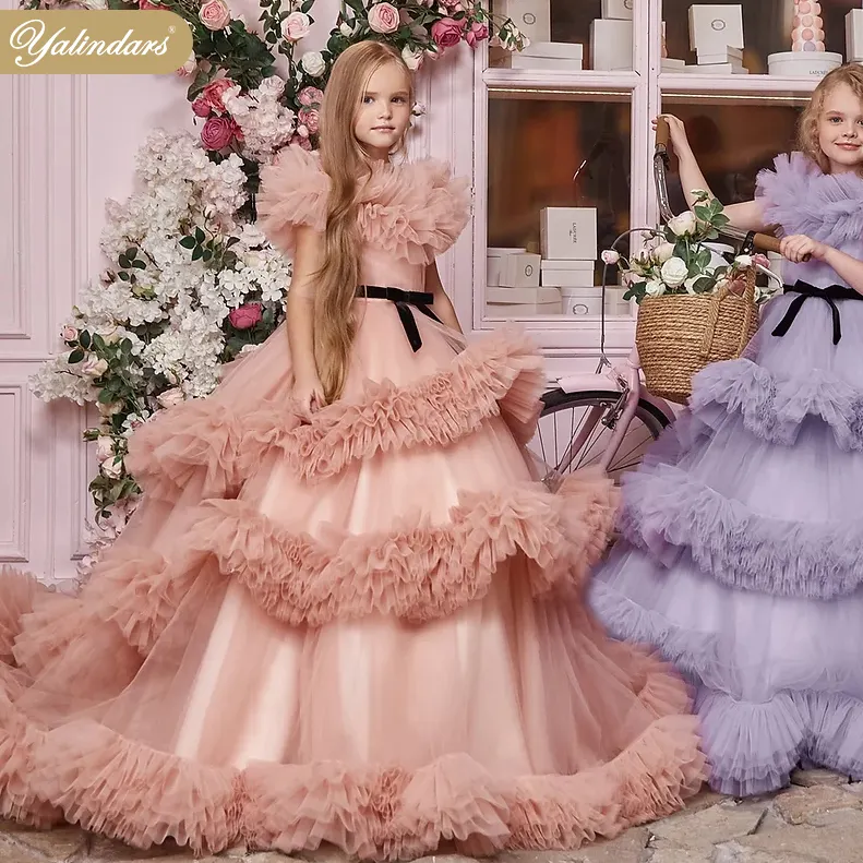Wholesale Girls Tulle Bridesmaid Dress Flower Kid Wedding Full-Length Ball Gown Toddler Princess Pageant Evening Girls Dresses