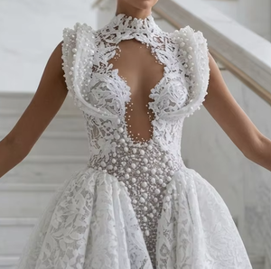 S1338Y 2026 Nuovo <span class=keywords><strong>Abito</strong></span> da <span class=keywords><strong>Sposa</strong></span> <span class=keywords><strong>Corto</strong></span> Francese di Lusso Leggero, Elegante e Sexy, con Collo Alto, Traforato in Pizzo e Perle - Product Image 3