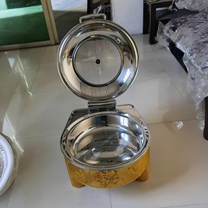 เตาอุ่นอาหารบุฟเฟ่ต์สแตนเลสทรงกลมสีทอง 201 พร้อมฝาปิดแบบพลิกได้ สำหรับงานแต่งงาน งานเลี้ยง และงานจัดเลี้ยง - Product Image 1