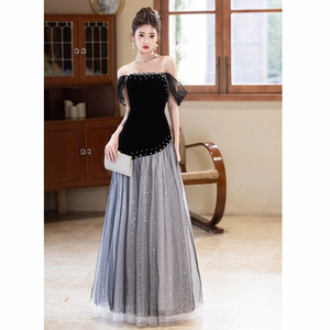 Black Strapless Evening Gown With Asymmetric Tulle Skirt For Coming Of Age Ceremony Natural Waistline S26113 - Product Image 2