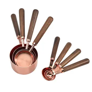 Herramienta de cocina para hornear, juego de tazas y cucharas medidoras de Color oro rosa Chapado en cobre, mango de nogal