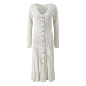 Nuovo abito elegante da donna <span class=keywords><strong>bianco</strong></span> a gancio cavo <span class=keywords><strong>in</strong></span> <span class=keywords><strong>maglia</strong></span> alla moda abito Slim Fit con scollo a V manica lunga monopetto <span class=keywords><strong>in</strong></span> <span class=keywords><strong>maglia</strong></span> Midi - Product Image 1