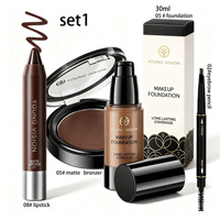 Set Rias Wajah 4-Potong (Foundation Cair Pensil Alis Lipstik Bedak Padat) Formula Tahan Lama untuk Warna Kulit Sawo Matang/Dark
