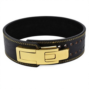 Huzu Enterprises Black Cowhide Leather Lever <b>Belt</b> Gold Buckle Adjustable Weightlifting Powerlifting Waist Support for <b>Men</b> - Product Image 3