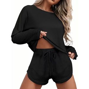 Vêtements de sport décontractés pour femmes grandes tailles en gros, respirants, couleur unie, haut à manches longues, short à lacets, pyjama de printemps, deux pièces - Product Image 4