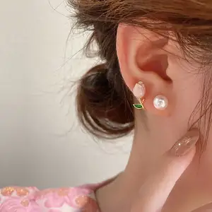 Pendientes De flor rosa De tulipán esmaltados, Pendientes De Perlas blancas, elegantes