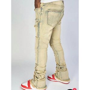 Retro Color Stone Wash <b>Stretch</b> Denim Jeans <b>Men</b> Slim Fit Ripped Multi Pocket Stacked Flare Pants - Product Image 6