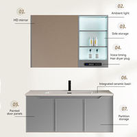 Lemari Cermin Kamar Mandi Kayu Solid Modern Fullkenlight High-gloss dengan Lampu LED, Terpasang di Dinding, Dilengkapi Jam LED Pintar