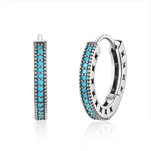 Hoop Earrings Women Elegance Jewelry Turquoise 925 Sterling Silver SCE493 Gemstone Fashion Round Customized Size Silver Color