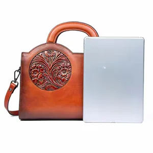 High Quality Women's Vintage Shoulder Bag 2024 New Leather Top-handle Bag Ladies Chinese Style Embossed Briefcase Handbag