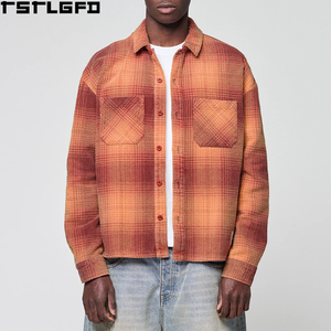 Chemise en flanelle à carreaux orange rouille, boutonnée, manches longues, col rabattu, double poche poitrine, surchemise décontractée, vente en gros personnalisée - Product Image 1