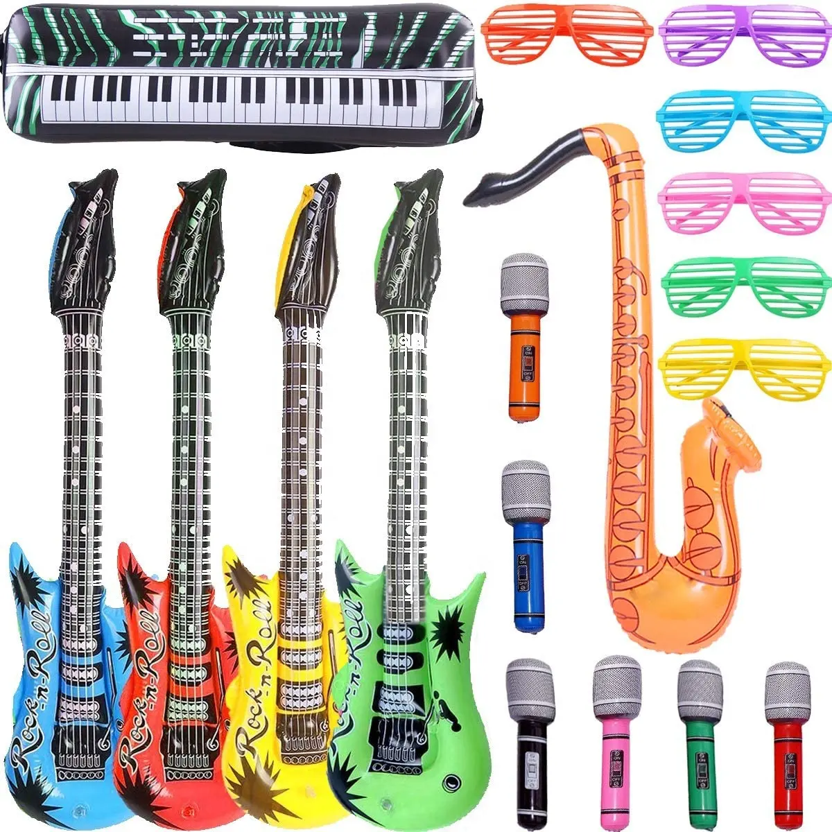 18 Pack Inflatable Party Props 4 Inflatable Guitar 6 Microphones 6 Shutter Shading Glasses Inflatable Rock Star Toy Set