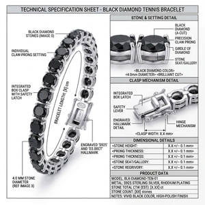 Bracelet tennis en moissanite diamant noir, argent S925 plaqué rhodium, cadeau de la Saint-Valentin pour lui/elle, 16-19 cm - Product Image 3