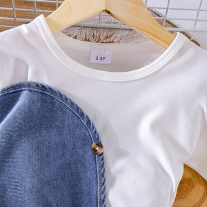 Conjunto de Dos Piezas de Vestido Asimétrico de Manga Corta con Parches para Niñas Pequeñas, Estilo Europeo y Americano de Verano + Cinturón - Product Image 3