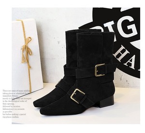 Botas de tacón de bloque para mujer con hebilla, tacón medio grueso, de ante sintético, estilo moda a media pantorrilla - Product Image 3