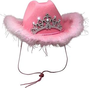 Cossmic Chamelleon Chapeau de cowgirl rose pour adolescents et adultes – Couronne de diadème lumineuse avec bordure en boa + rose clair - Product Image 4