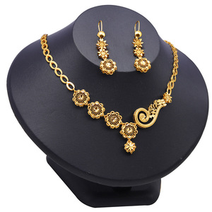 24K <span class=keywords><strong>Gold</strong></span> Plated Brass Classic Earring Necklace Dubai Saudita Noiva Casamento <span class=keywords><strong>Set</strong></span> para Mulheres Estilo Romântico Copper Party Aniversários - Product Image 2