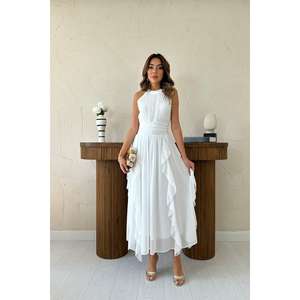 ชุดแต่งงานผ้าชีฟองสีขาวหรูหรา ทรงเอไลน์ คอแบบผูก สายเดี่ยว ระบายช่วงเอว ผ้าระบายอากาศดี กระโปรงพลิ้วสวย - Product Image 5