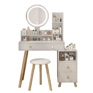 Round Mirror Bedside Cabinet Vanity Table + Cushioned Stool, 17" diameter LED Mirror, Touch Control, 3-color