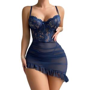 Moda seksi iç çamaşırı See-through çiçek dantel Spandex gece kulübü işlemeli iç çamaşırı düzensiz Shapewear kadın gece elbisesi - Product Image 5