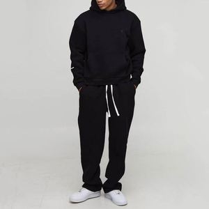 Black White Drawstring Hoodie Sweatpants Solid Plain Custom Men Two Piece <b>Tracksuit</b> - Product Image 4
