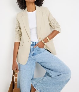 Women's Oatmeal <b>Blazer</b> Three Quarter Sleeve Notched Collar Single <b>Button</b> Solid Color Regular Fit Breathable Woven Fabric - Product Image 1