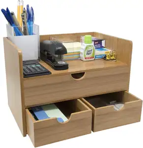 3层竹架收纳盒，带抽屉的办公桌迷你办公桌，用于办公用品，洗漱用品，工艺品等