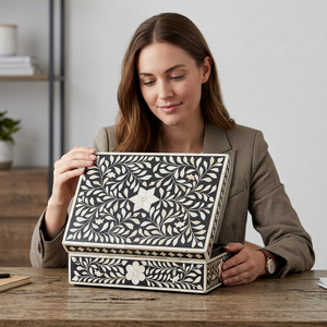 Boîte de rangement décorative multifonctionnelle empilable, écologique, en os incrusté, motif floral marocain, faite à la main - Product Image 1