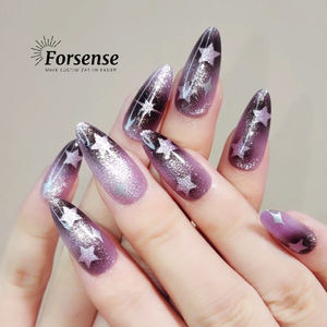Logotipo personalizado <span class=keywords><strong>Pretty</strong></span> CAT Eyes Uñas postizas con pegamento Short Almond Abs Press on Nail Dark Purple Black Stars Charms Design Nail Tips - Product Image 2