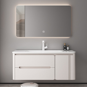 Meuble-lavabo de salle de bain d'hôtel moderne personnalisé en contreplaqué MDF avec finition mélaminée, résistant à l'eau, avec <span class=keywords><strong>quincaillerie</strong></span> à fermeture douce pour la maison - Product Image 1