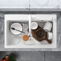 Évier de cuisine rectangulaire en granit blanc quartz à cuve unique à encastrer avec robinet, pour le lavage des légumes et de la vaisselle