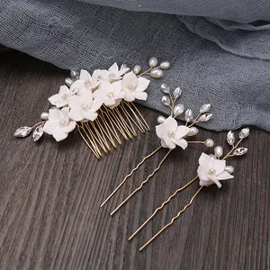 Wedding Headband Bridal Headpieces White Flower Crystal Pearl Beaded Craft Sprig Hair Accessories Bridal Hair Combs