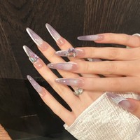 Faux ongles à presser faits main, dégradé violet taro printemps-été, avec franges argentées, bijoux de luxe, réutilisables, vente en gros