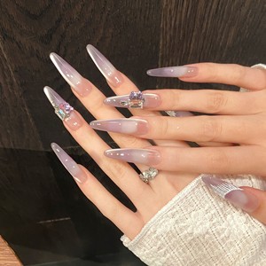 Uñas Postizas Hechas a Mano, Degradado Morado Taro de Primavera/Verano, con Flecos Plateados, Joyería de Lujo, Uñas Reutilizables, Venta al Por Mayor - Product Image 3