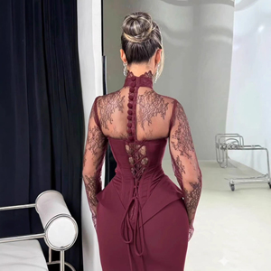 2026 New Style European Lace Patchwork Long-Sleeved A-line Draped Bodycon Fit-and-Flare <b>Dress</b> - Product Image 4