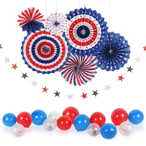 Patriotic Independence Day Decoration Set with Red White Blue Paper Fan USA Flag Pennant Star Streamer Hanging Swirl Party Decor