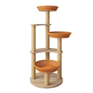 Arbre à chat moderne de luxe en bois massif à 5 niveaux, durable, avec lits tressés, poteaux à gratter en sisal et structure pyramidale stable pour maisons multi-chats - Product Image 1