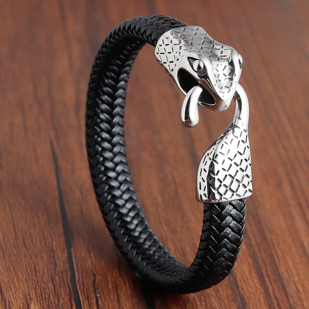 Braccialetti di gioielli in pelle intrecciata alla moda personalizzati in acciaio inossidabile con ciondolo in pitone serpente bracciale da uomo in vera pelle