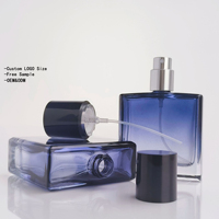 Flacon de parfum en verre vide rechargeable avec pompe pulvérisatrice, logo personnalisé, flacon d'huile de parfum carré en verre bleu encre avec pulvérisateur