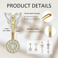 Lot de 4 Piercings de Nombril en Acier Inoxydable Plaqué Or 14G 1.6MM avec Pendentif Clicker, Bijoux Corporels pour Femme, Idéal Cadeau