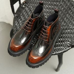 Men's Ankle English-style Leather Engraved Brogue <b>Boots</b> Shiny Thick Soles Height Increasing for Autumn/Winter Business Casual - Product Image 1